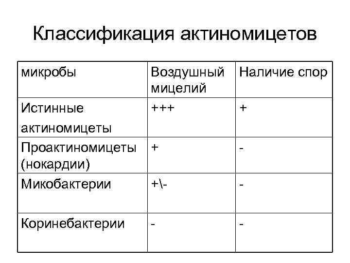 Классификация актиномицетов микробы Истинные актиномицеты Проактиномицеты (нокардии) Микобактерии Коринебактерии Воздушный мицелий +++ Наличие спор