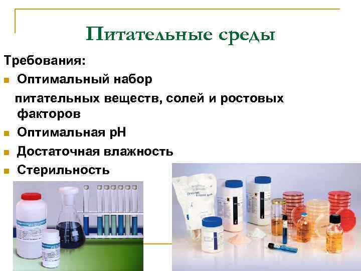 Питательные среды Требования: n Оптимальный набор питательных веществ, солей и ростовых факторов n Оптимальная