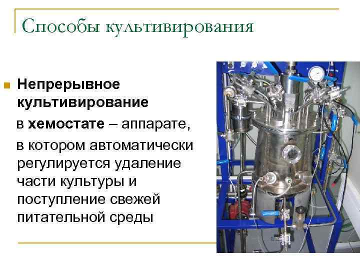 Способы культивирования n Непрерывное культивирование в хемостате – аппарате, в котором автоматически регулируется удаление