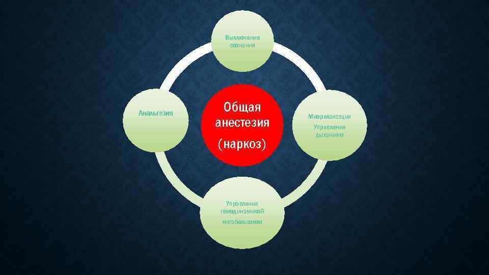 Выключение сознания Анальгезия Общая анестезия (наркоз) Управление гемодинамикой метаболизмом Миорелаксация Управление дыханием 