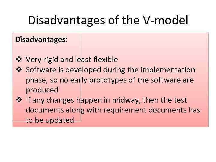 Disadvantages of the V-model Disadvantages: v Very rigid and least flexible v Software is