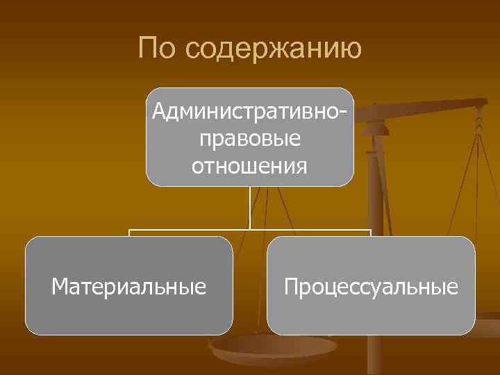 По содержанию Административноправовые отношения Материальные Процессуальные 