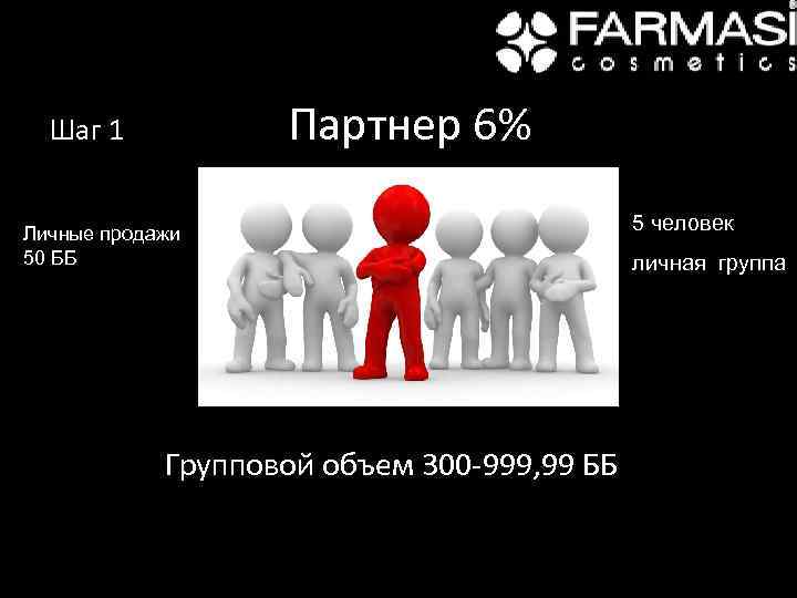Партнер 6% Шаг 1 Личные продажи 50 ББ Групповой объем 300 -999, 99 ББ
