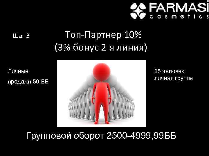 Шаг 3 Личные продажи 50 ББ Топ-Партнер 10% (3% бонус 2 -я линия) 25