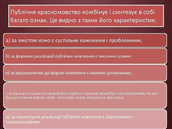 Публічне красномовство комбінує і синтезує в собі багато ознак. Це видно з таких його