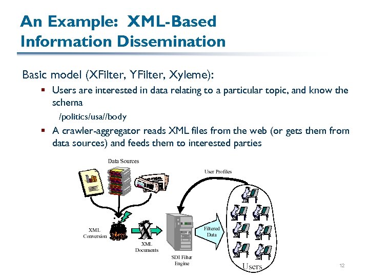 An Example: XML-Based Information Dissemination Basic model (XFilter, YFilter, Xyleme): § Users are interested