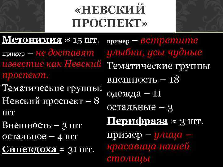  «НЕВСКИЙ ПРОСПЕКТ» Метонимия ≈ 15 шт. пример – не доставят известие как Невский