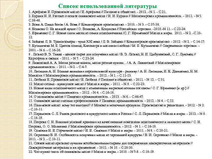Список использованной литературы 1. Арефьева Е. Прованское масло / Е. Арефьева // Питание и