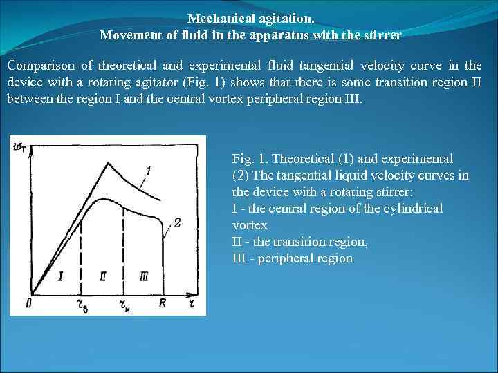 Mechanical agitation. Movement of fluid in the apparatus with the stirrer Comparison of theoretical