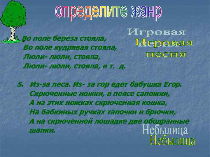 4. Во поле береза стояла, Во поле кудрявая стояла, Люли- люли, стояла, и т.