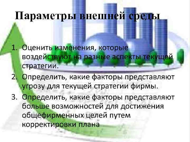 Параметры внешней среды 1. Оценить изменения, которые воздействуют на разные аспекты текущей стратегии. 2.
