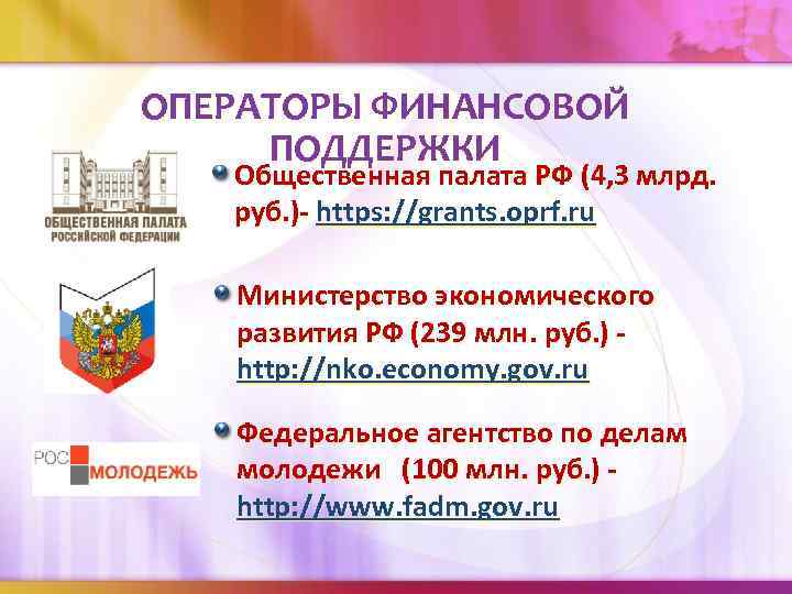 ОПЕРАТОРЫ ФИНАНСОВОЙ ПОДДЕРЖКИ Общественная палата РФ (4, 3 млрд. руб. )- https: //grants. oprf.