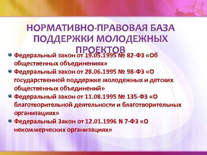 НОРМАТИВНО-ПРАВОВАЯ БАЗА ПОДДЕРЖКИ МОЛОДЕЖНЫХ ПРОЕКТОВ Федеральный закон от 19. 05. 1995 № 82 -ФЗ