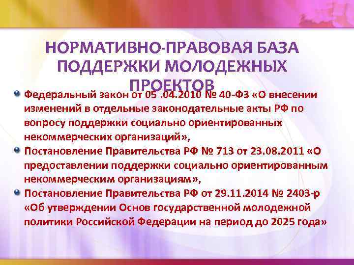 НОРМАТИВНО-ПРАВОВАЯ БАЗА ПОДДЕРЖКИ МОЛОДЕЖНЫХ ПРОЕКТОВ Федеральный закон от 05. 04. 2010 № 40 -ФЗ