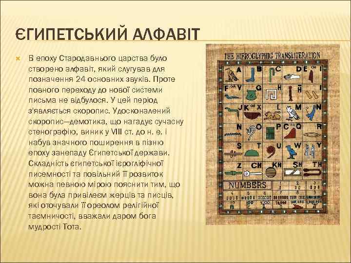 ЄГИПЕТСЬКИЙ АЛФАВІТ В епоху Стародавнього царства було створено алфавіт, який слугував для позначення 24