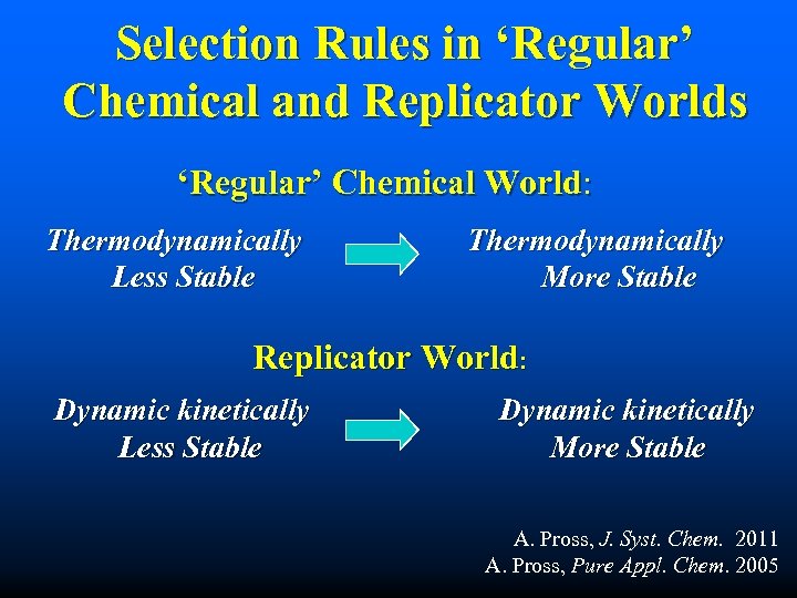 Selection Rules in ‘Regular’ Chemical and Replicator Worlds ‘Regular’ Chemical World: Thermodynamically Less Stable