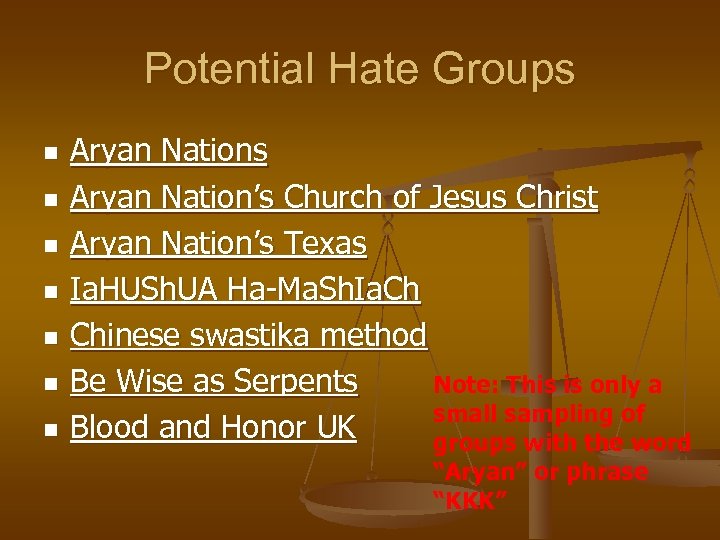Potential Hate Groups n n n n Aryan Nations Aryan Nation’s Church of Jesus
