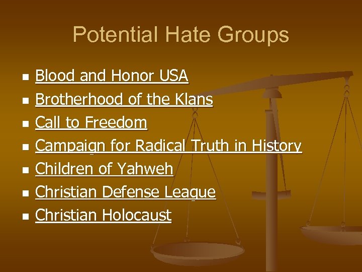 Potential Hate Groups n n n n Blood and Honor USA Brotherhood of the