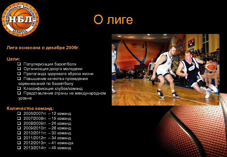 О лиге Лига основана в декабре 2006 г. Цели: q Популяризация баскетбола q Организация