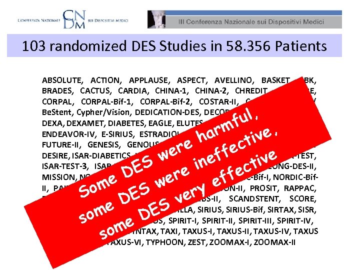 103 randomized DES Studies in 58. 356 Patients ABSOLUTE, ACTION, APPLAUSE, ASPECT, AVELLINO, BASKET,