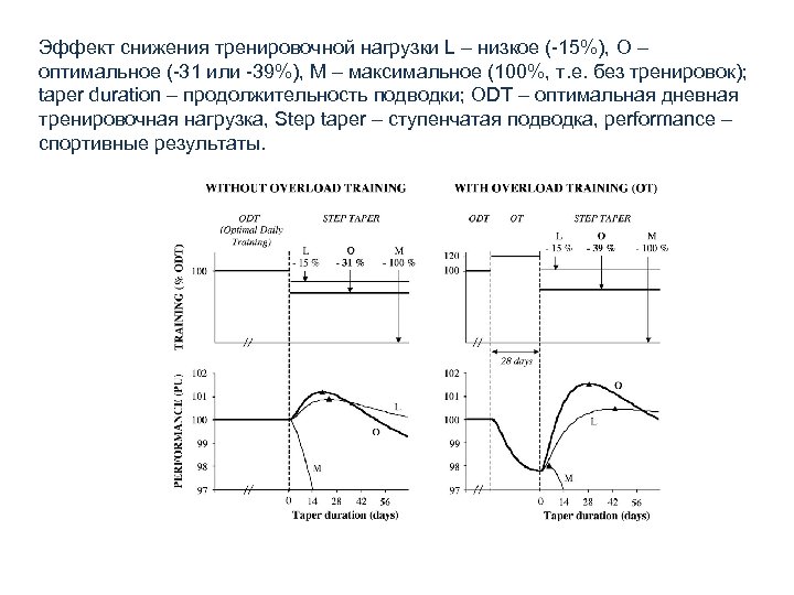 Эффект снижения тренировочной нагрузки L – низкое (-15%), O – оптимальное (-31 или -39%),