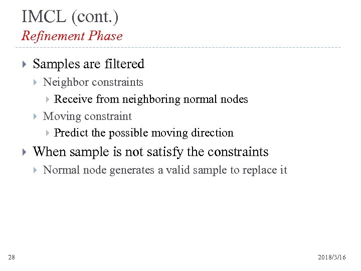 IMCL (cont. ) Refinement Phase Samples are filtered When sample is not satisfy the