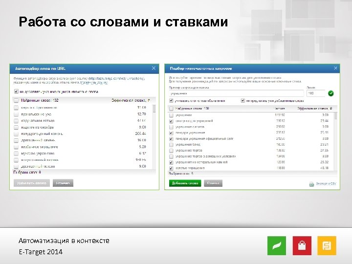 Работа со словами и ставками Автоматизация в контексте E-Target 2014 