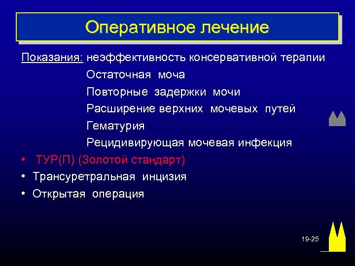 Оперативное лечение Показания: неэффективность консервативной терапии Остаточная моча Повторные задержки мочи Расширение верхних мочевых