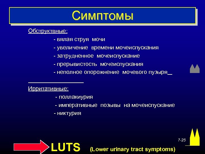 Симптомы Обструктвные: - вялая струя мочи - увеличение времени мочеиспускания - затрудненное мочеиспускание -