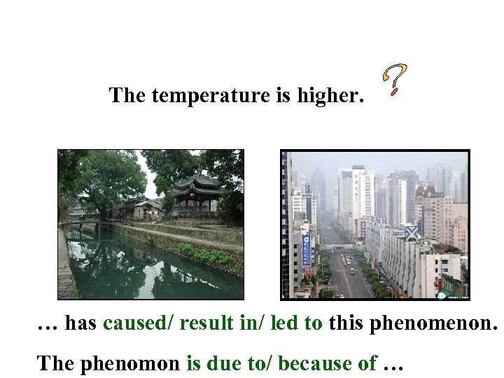 The temperature is higher. … has caused/ result in/ led to this phenomenon. The