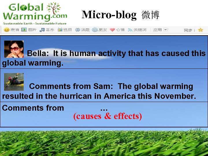 Micro-blog 微博 Homework: Bella: It is human activity that has caused this global warming.