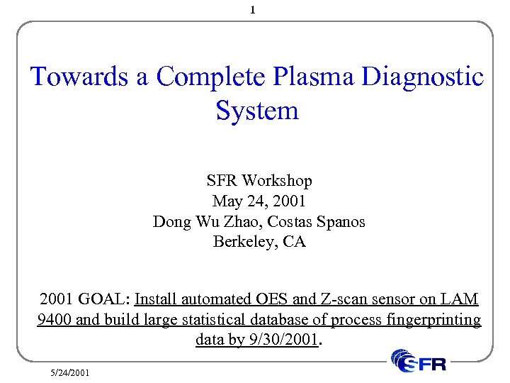 1 Towards a Complete Plasma Diagnostic System SFR Workshop May 24, 2001 Dong Wu