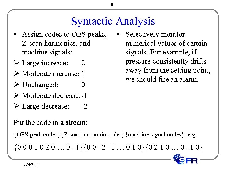 8 Syntactic Analysis • Assign codes to OES peaks, Z-scan harmonics, and machine signals: