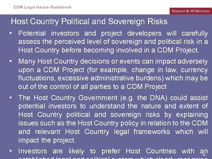CDM Legal Issues Guidebook Host Country Political and Sovereign Risks • Potential investors and