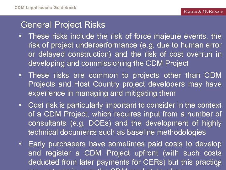 CDM Legal Issues Guidebook General Project Risks • These risks include the risk of
