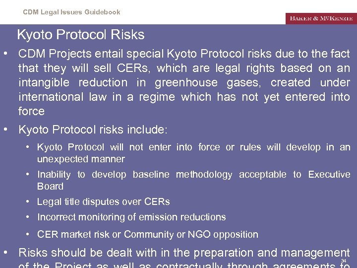 CDM Legal Issues Guidebook Kyoto Protocol Risks • CDM Projects entail special Kyoto Protocol