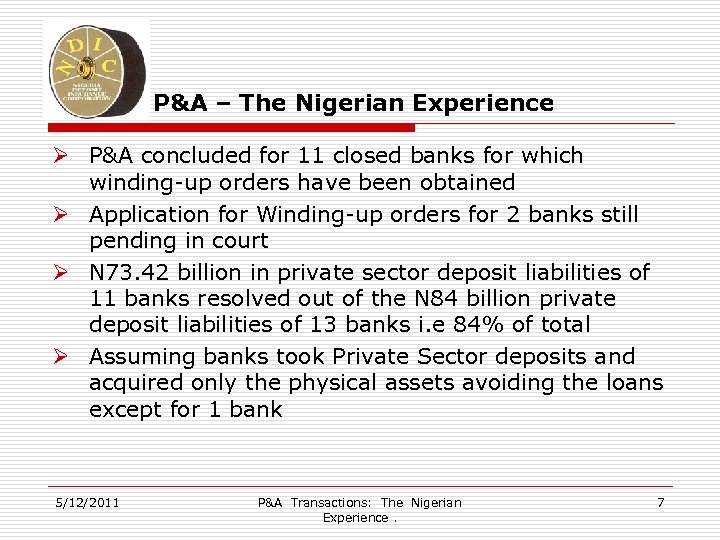 P&A – The Nigerian Experience Ø P&A concluded for 11 closed banks for which