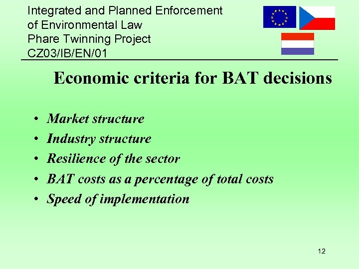 Integrated and Planned Enforcement of Environmental Law Phare Twinning Project CZ 03/IB/EN/01 Economic criteria