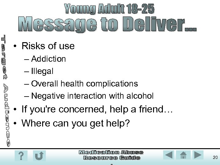  • Risks of use – Addiction – Illegal – Overall health complications –