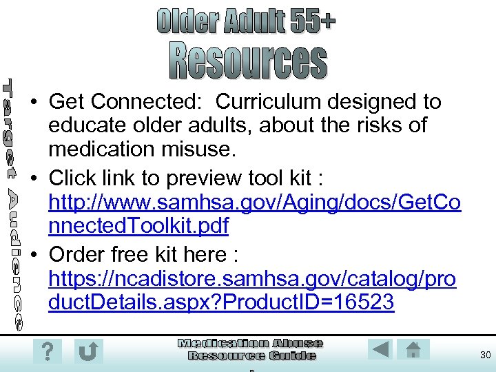  • Get Connected: Curriculum designed to educate older adults, about the risks of