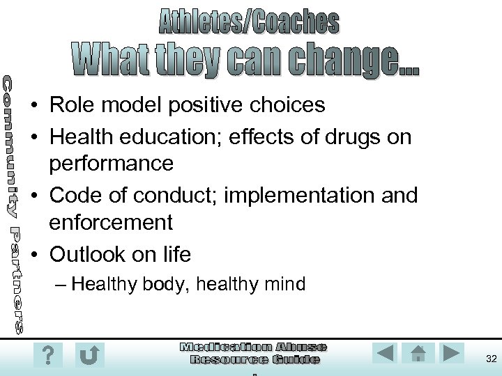  • Role model positive choices • Health education; effects of drugs on performance