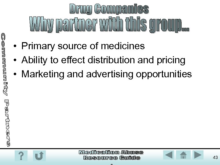  • Primary source of medicines • Ability to effect distribution and pricing •