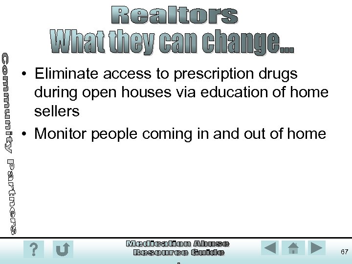  • Eliminate access to prescription drugs during open houses via education of home
