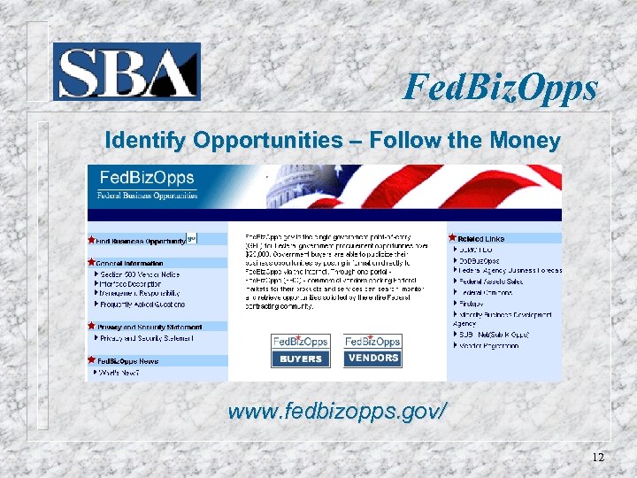 Fed. Biz. Opps Identify Opportunities – Follow the Money www. fedbizopps. gov/ 12 