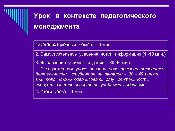 Урок в контексте педагогического менеджмента 1. Организационный момент – 3 мин. 2. Самостоятельное усвоение