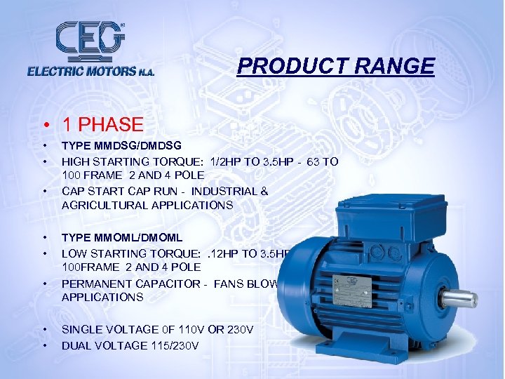 PRODUCT RANGE • 1 PHASE • • TYPE MMDSG/DMDSG HIGH STARTING TORQUE: 1/2 HP