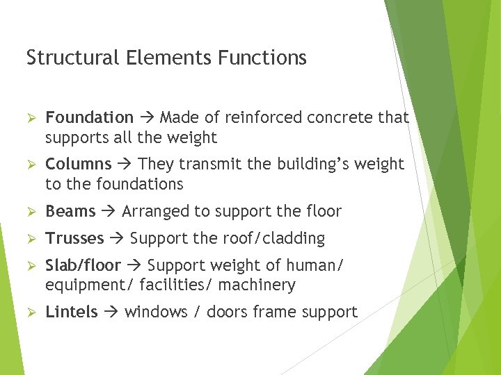 Structural Elements Functions Ø Foundation Made of reinforced concrete that supports all the weight