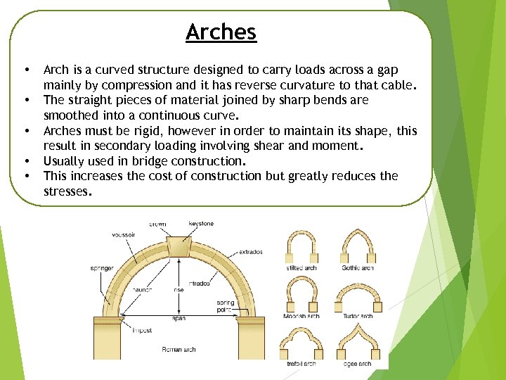 Arches • • • Arch is a curved structure designed to carry loads across