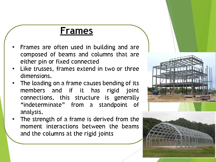 Frames • Frames are often used in building and are composed of beams and