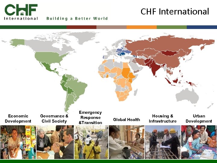 CHF International Economic Development Governance & Civil Society Emergency Response &Transition Global Health Housing